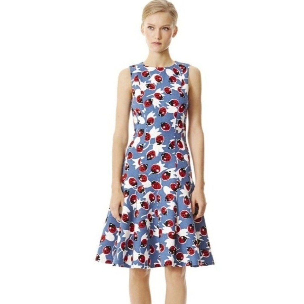 Carolina Herrera Ladybug Print Dress Blue Red A-Line Sleeveless Midi Size 12